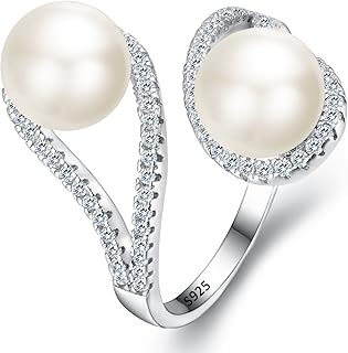 EVER FAITH Bague ouverte en argent sterling 925 avec zircon cubique et perle de culture blanche 9 mm, réglable et bijoux SGS certifiés, idéal pour cadeau spécial femme