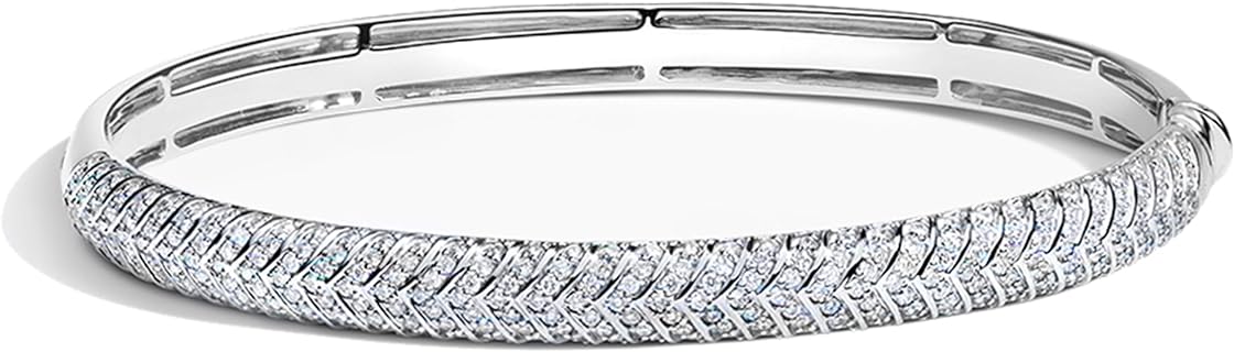 Secure Box Clasp Lab Grown White Diamond Bangle Bracelet - Box Chain Sterling Silver Design for Women - Chevron Style