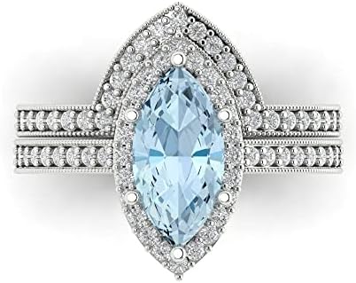 Clara Pucci 2.16ct Marquise Cut Halo Solitaire Natural Sky Blue Topaz Engagement Anniversary Wedding Ring Band set 18K White Gold
