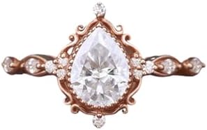 1.0ct Moissanite Pear Engagement Ring with Side Clusters in Sterling Silver, Rose, White or Yellow Gold for Women - Vintage Inspired Design