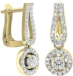 Diamond Halo Drop Earrings in 14K Yellow Gold - Hinged with Notch Post Backing, Ladies' Drop Design, Genuine Conflict-Free Diamonds - Glamorous Jewelry for Women