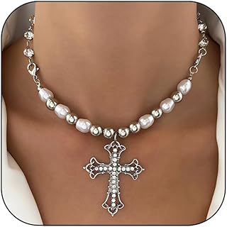 Vintage Punk Pearl Cross Necklace for Women Gothic Chunky Chain Cross Pendant Necklace