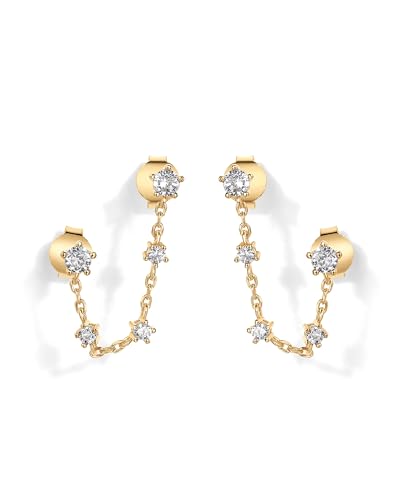 PAVOI 14K Gold Plated Delicate CZ Chain Earrings for Women | Double Piercing Dangle Chain Studs Earrings | Cubic Zirconia Earscapes Earrings