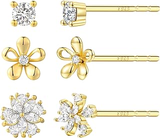 Cute Flower Stud Earrings for Girls, 925 Sterling Silver Earrings Hypoallergenic, Dainty 14k Gold Flower Earrings Sets for Women, Multiple Piercing