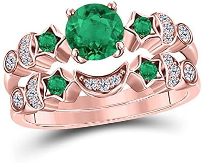 Moon Star Style Wedding Band Bridal Set 1.75 tcw CZ Green Emerald & Cubic Zirconia Round Engagement Ring Set Size 4 to 11