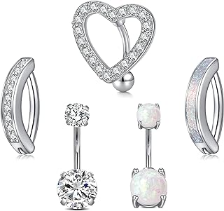 Chic 14G Stainless Steel Belly Button Rings by JFORYOU with CZ Gems, Variety Pack for Women, Heart and Reverse Dangle Designs, Silver, Gold, Black