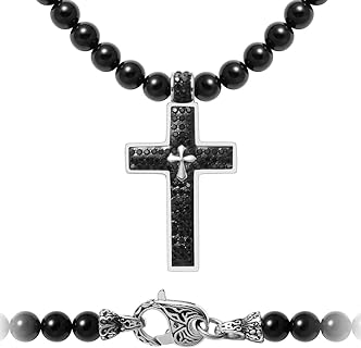 Black Onyx Beads Beaded Cross Pendant Necklace Chain for Men,Healing Crystals Jewelry 60/70cm