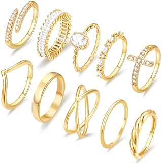 14k Gold Plated 10 PCS Stackable Rings Set for Women & Teen Girls, Simulated Diamond Criss-Cross & Open Twist Designs in Sizes 6-10