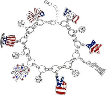 American Flag Bracelets for Women Girl, 4th of July Red、White and Blue Star Stretch pendant Bracelets, Patriotic Independence Day Jewelry