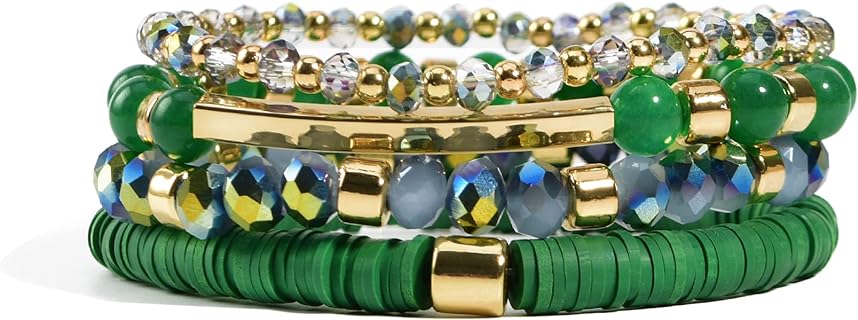 Women's Green Clay Bead and Crystal Stone Stackable Stretch Bracelets with Bead Chain Clasp, Bohemian Style Handmade Jewelry Set