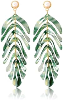 Chic Green Summer Palm Leaf Dangle Earrings with French Wire Back Finding for Women, Elegant Acrylic Leaf & Pearl Drop Design