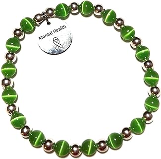 Cord Chain Silver Cat's Eye Beads Bracelet for Mental Health Awareness, Handbeaded Design, Depression Awareness Charm