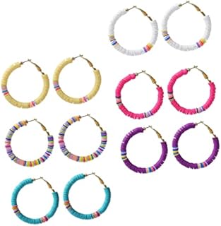 6 Pairs C Shaped Clay Earrings African Earrings Bohemian Earrings Boho Earrings Colored Clay Heishi Beaded Earrings Large Open Hoop Earring Vinyl Disc Beaded Earrings Set Alloy