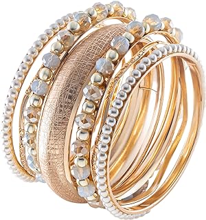 Stylish 7PC Topaz-Filled Brass Bangle Braceets with Bead Chain and Spring Ring Clasp for Women - Versatile Gold Arm Jewelry Accessory