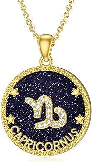 14K Gold Plated Sterling Silver Zodiac Necklace with Cable Chain and Blue Sandstone Gem for Women - Constellation Capricornus Pendant Design