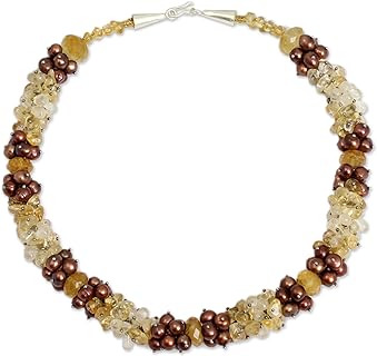 NOVICA Handmade Cultured Freshwater Pearl Citrine Beaded Necklace Brown .925 Sterling Silver Glass White Yellow Thailand Birthstone [18.5 in L x 0.6 in W] 'Divine Feminine'