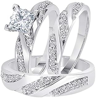 1.00 Carat Princess Cut Created Diamond 14K White Gold Over 925 Sterling Sliver Engagement Bridal Wedding Band Trio Ring Set For His & Her