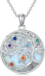 7 Chakra Tree of Life Necklace with Lobster Clasp - Sterling Silver Cable Chain, Created Opal Accent - Perfect Gift for Women and Yoga Enthusiasts - Elephants and Ganesha Design