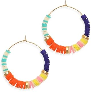 Colorful Clay Gold Beaded Hoop Earrings for Woman Girls, Trendy Handmade Boho Disc Large Circle Huggie Earing Summer Beach Tropical Jewelry Friendship Gifts
