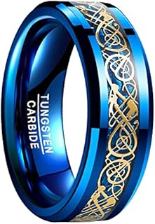 Vakki Celtic Dragon Rings for Men 8mm Blue/Silver Carbon Fiber Inlay Tungsten Carbide Wedding Band Beveled Edge Size 5-14