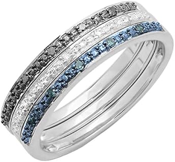 Dazzlingrock Collection 0.10 Carat (ctw) Round Black, Blue & White Diamond Wedding Ring Set 1/10 CT, Sterling Silver