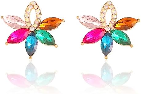 Colorful Rhinestone Drop Earrings with Secure Push-Back Design for Women and Girls - Flowery Cluster Design for Wedding, Prom, and Daily Wear