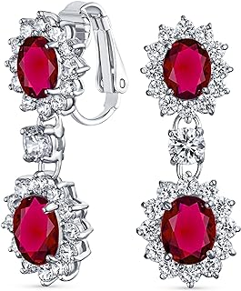 Vintage Style Bridal Simulated Gemstone Statement Pave Crown Halo Cubic Zirconia AAA CZ Long Dangling Oval Teardrop Chandelier Clip On Earrings For Women Non-Pierced