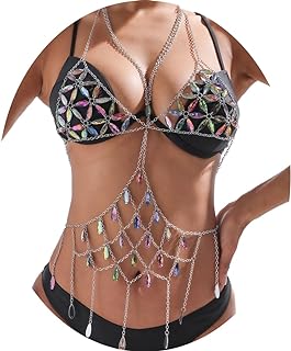 Women's Urieo Rave Body Chain with Sparkly Rhinestone - Silver Crystal Chest Jewelry for Nightclub, Beach Party, and Everyday Wear