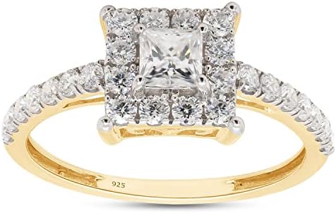 SAVEARTH DIAMONDS 3/4 Carat Princess And Round Cut Lab Created Moissanite Diamond Square Halo Engagement Ring In 14k Gold Over Sterling Silver (G-H Color, VVS1 Clarity, 0.75 Cttw)
