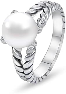 Cable Wedding Ring with Created Pearl and Cubic Zirconia for Women, Antique Design