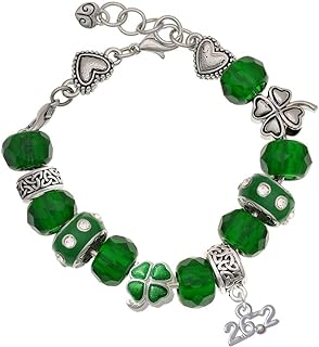 Delight Jewelry Silvertone Marathon - 26.2 with Crystal - Green Irish Luck Bead Charm Bracelet, 7.5"