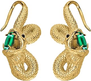 18K Gold Plated Crystal Snake Stud Earrings with Green Crystals and Push Back for Women