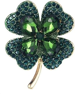 St. Patrick's Day Vintage Green Crystal Brooch for Women with Pin Clasp, Rhinestone & Alloy, Irish Luck Clover & Flower Design