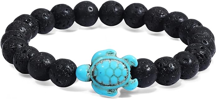 Stretch Clasp Turtle Bead Bracelet with Bead Chain in Natural Stone, Perfect Gift for Men and Women, Sea Turtle Design