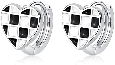 Lever Back Sterling Silver Hoop Earrings with Black and White Checkered Love Heart Design for Women and Teens