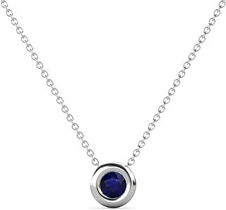 Round Blue Sapphire Donut Bezel Set 1/3 ctw Women Solitaire Pendant Necklace. Included 16 Inches Chain 14K Gold