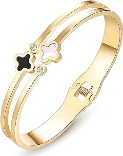 18K Gold Plated Bangle Bracelet, Black and White Shell Four-Leaf Clover Bracelet, Dainty Clover Cuff Bracelet Fashion Gifts For Woman Teen Girl…