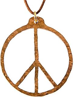 Hand Hammered Peace Symbol Peace Bronze Pendant Necklace on Adjustable Natural Fiber Cord