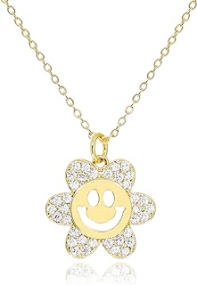 Smile Flower Pendant Necklace for Women 18K Gold Plated CZ Rhinestone Smiley Face Sun Flower Charm Cute Preppy Jewerly Gifts for Teen Girls [SMN-FL-G]