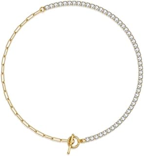 Toggle Clasp Zircon Tennis Necklace - 18K Gold Plated Snake, Cuban Link, Paperclip, Ball Beaded Chain for Women and Girls - Charming Freshwater Pearl Design