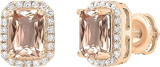 Dazzling Emerald Shaped Morganite and Diamond Stud Earrings with Secure Screw Back, Ideal for Women, Emerald/Stud Design in 10K Rose Gold