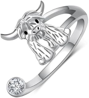 Highland Cow Ring 925 Sterling Silver Adjustable Cow Rings Cute Animal Cow Jewelry Gift for Women Girls Daughter Animal Lover