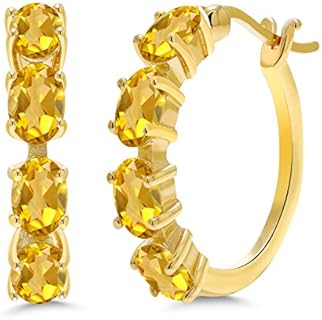 Gem Stone King 18K Yellow Gold Plated Silver Yellow Citrine Hoop Earrings For Women (3.20 Cttw, Gemstone Birthstone, Oval 6X4MM)