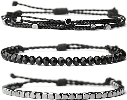 3 Pcs Handmade Women's Stackable Bracelet Set, Adjustable Rope Bracelets Bracelets with Hematite and Glass Beads for Teen Girl