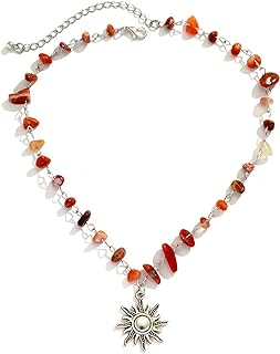 Harry and Henry Carnelian Necklace Healing Crystal Nacklace Natural Stone Choker Necklace Red Crystal Beads Chain Sun Pendant Necklace Jewelry Gifts for Women Girls
