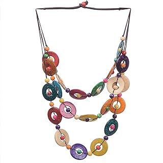 Bohemian Coconut Shell Wood Bead Braided Choker Necklace African Ethnic Colorful Round Wooden Beads Long Layered Geometric Bib Necklace for Women Girl Chunky Party Costume Vacation Jewelry