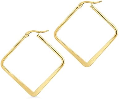 Stainless Steel Large Square Hoop Earrings for Women with Fold-Over Clasp by 555Jewelry