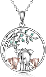 POPLYKE Sterling Silver Elephant Pendant Necklace with Cubic Zirconia Gems and Cable Chain for Mothers and Daughters: Tree of Life and Family Design