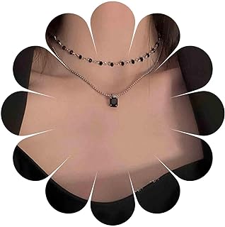 Boho Layered Rhinestone and Black Bead Necklace with Silver Cable Chain and Black Crystal Pendant for Women and Girls - Minimalist Design