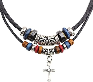 Leather Tribal Necklace for Women and Men Vintage Bohemian Style Ethnic Wood Beads Choker Braided Adjustable Double Layers Beaded Charm Cross Pendant